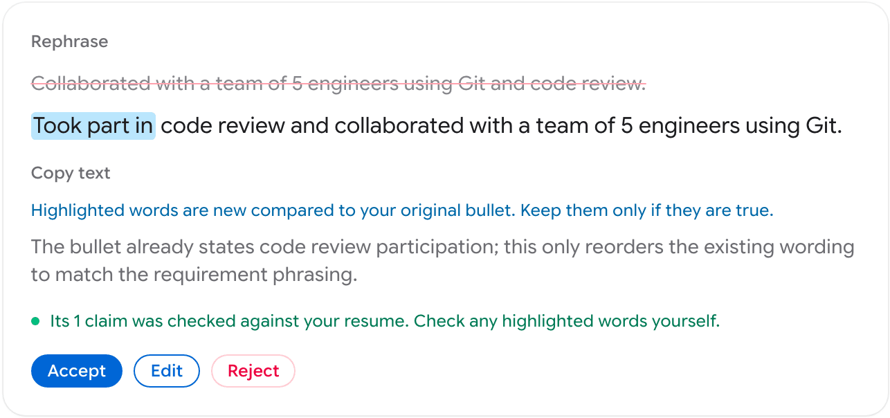 A suggested rephrase with Accept, Edit and Reject buttons.